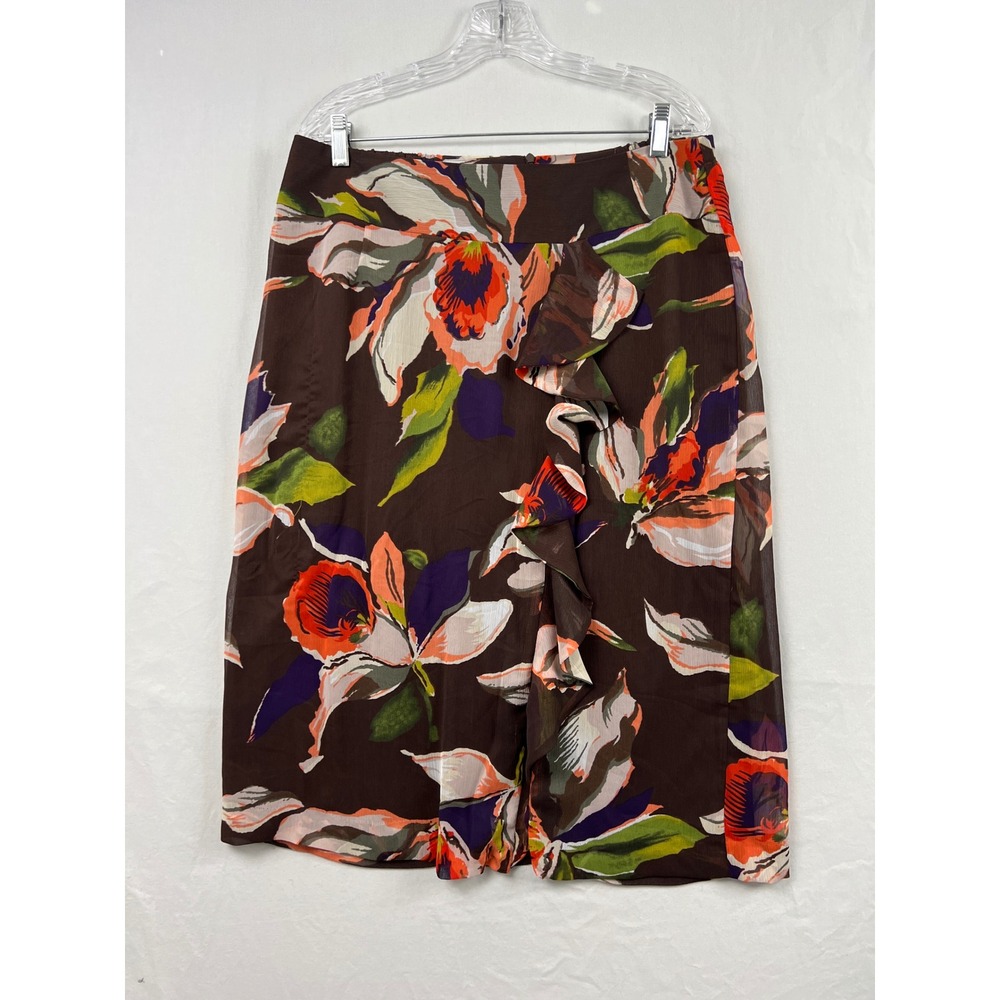 Cato Floral Front Ruffle Midi Skirt Womens 14/16W Brown Orange Tropical Chiffon